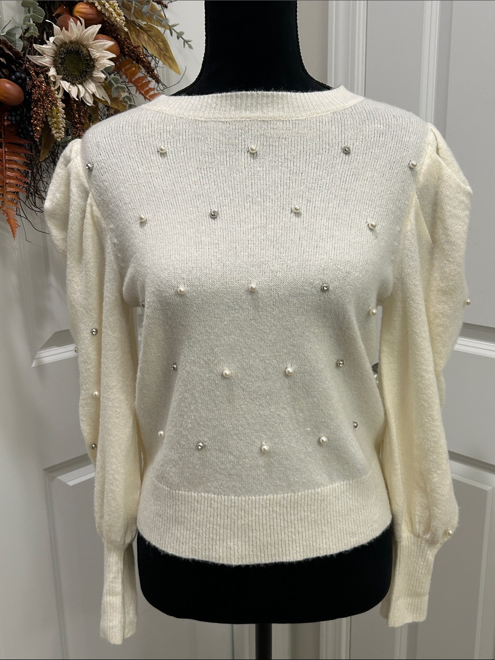 NWT a new day Pearl-Embellished Cream Sweater - Women's Long Sleeve Size Small